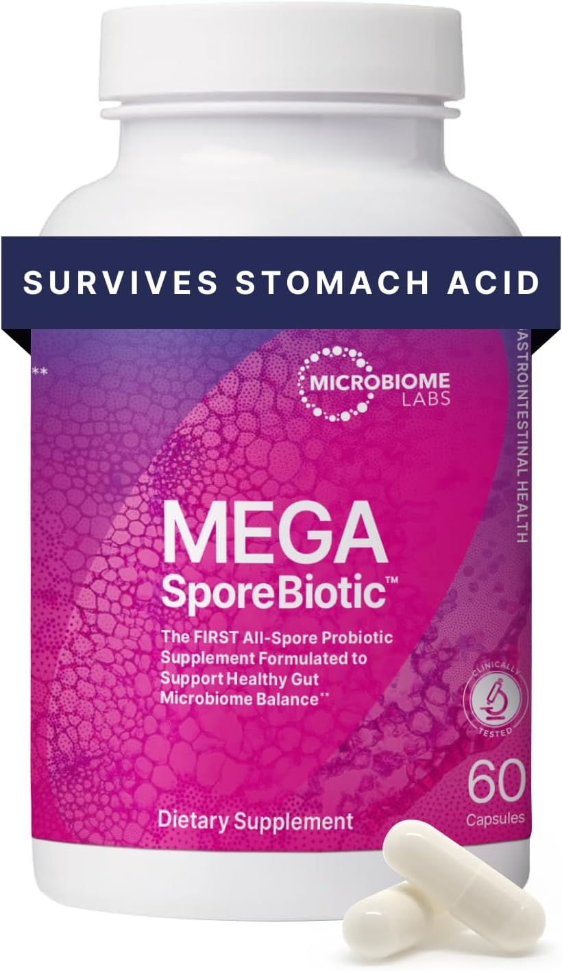 Microbiome Labs MegaSporeBiotic Probiotics for Women & Men - Spore-Based Probiotic for Gut Health & Digestive Support - Shelf-Stable, Travel-Friendly, Mens & Womens Probiotics (60 Capsules)