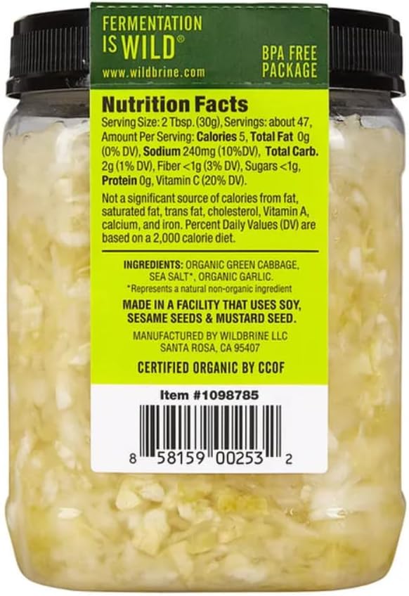 Raw Organic Sauerkraut, 50 oz, ORGANIC GREEN CABBAGE, SEA SALT*, GARLIC.