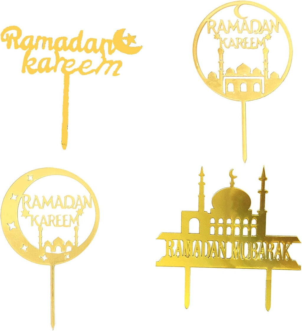 4 PCS Gold Ramadan Mubarak Cake Topper Muslim Cake Decoration Ramadan Kareem Cake Toppers for Birthday Party,Muslim Islam Party Decorations