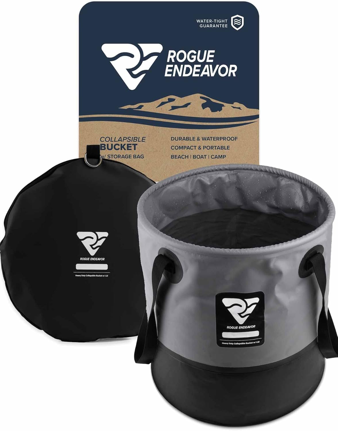 Rogue Endeavor Heavy Duty Collapsible Bucket (5 Gallon (20L) Includes Lid), Mesh Bag, Beach and Salt Water Ready, Durable Reinforced Design with Metal Hardware (Black)