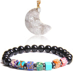 Healing Crystal Set 1Pcs Seven Chakra Square Beads Bracelet and 1Pcs White Crystal Moon Gemstone Pendant