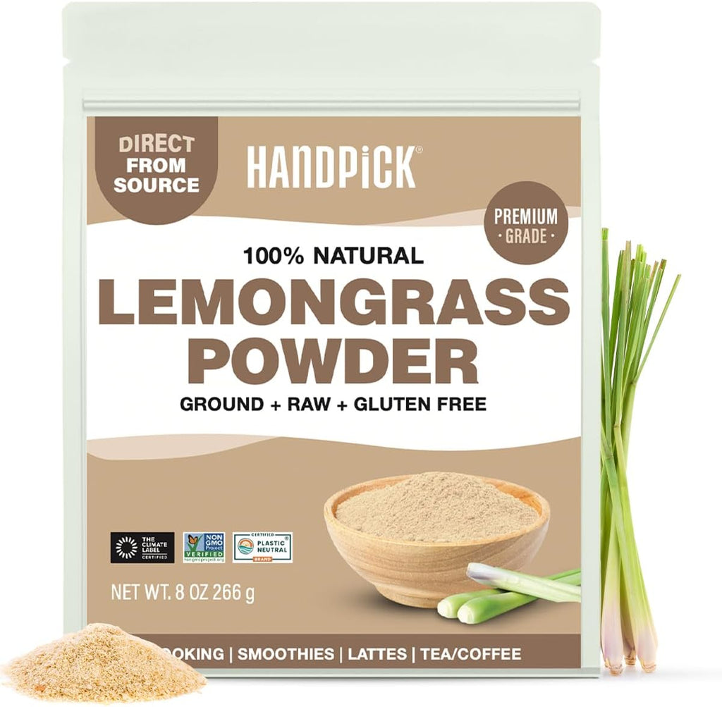 HANDPICK Lemongrass Powder (226g/8oz) Non GMO, Gluten Free, 100% Raw, Sourced from India, For Cooking, Smoothies, Tea, Packed in Resealable Ziplock Pouch
