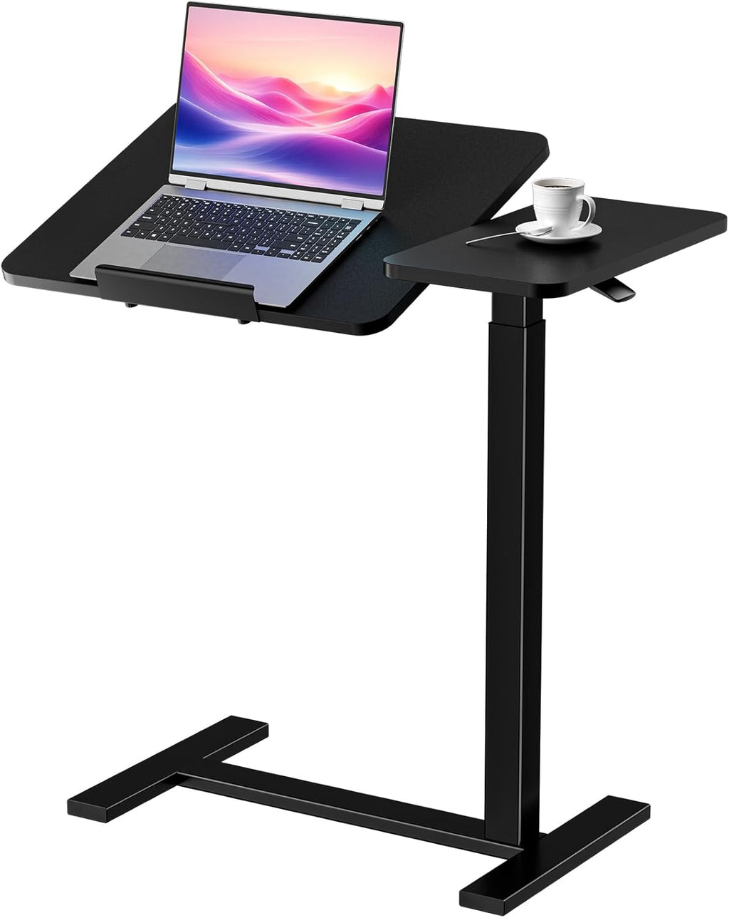 DUMOS Overbed Bedside Table Adjustable with Wheels, Mobile Standing Stand Up Rolling Laptop PC Desks with Tilting Top Height Tray Sofa Side Computer Workstation for Bedroom on Hospital Home Use, Black