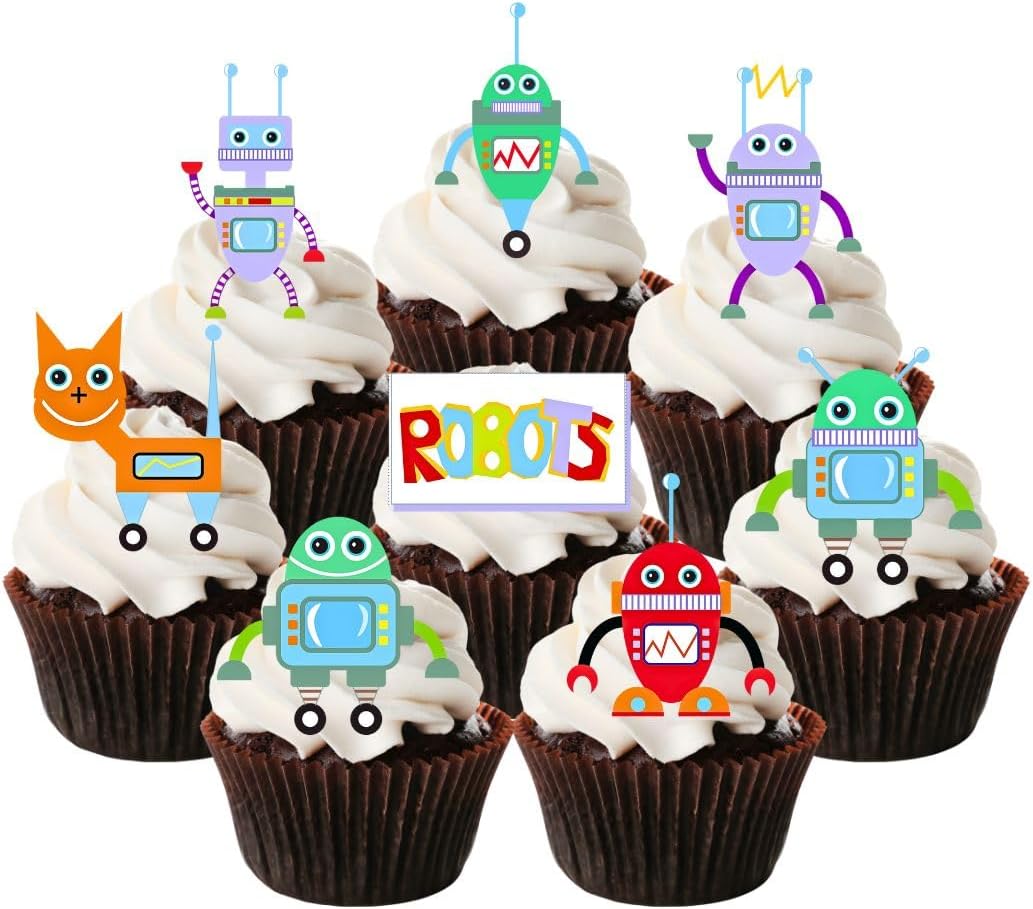Robots Theme Edible Cupcake Toppers, Edible Cake Decorations for Boys, Robot Toppers for Cake Decorating, Birthday Cookie Decorations for Kids 2 Inch / 5cm Wafer Card UNCUT (Pack of 12)