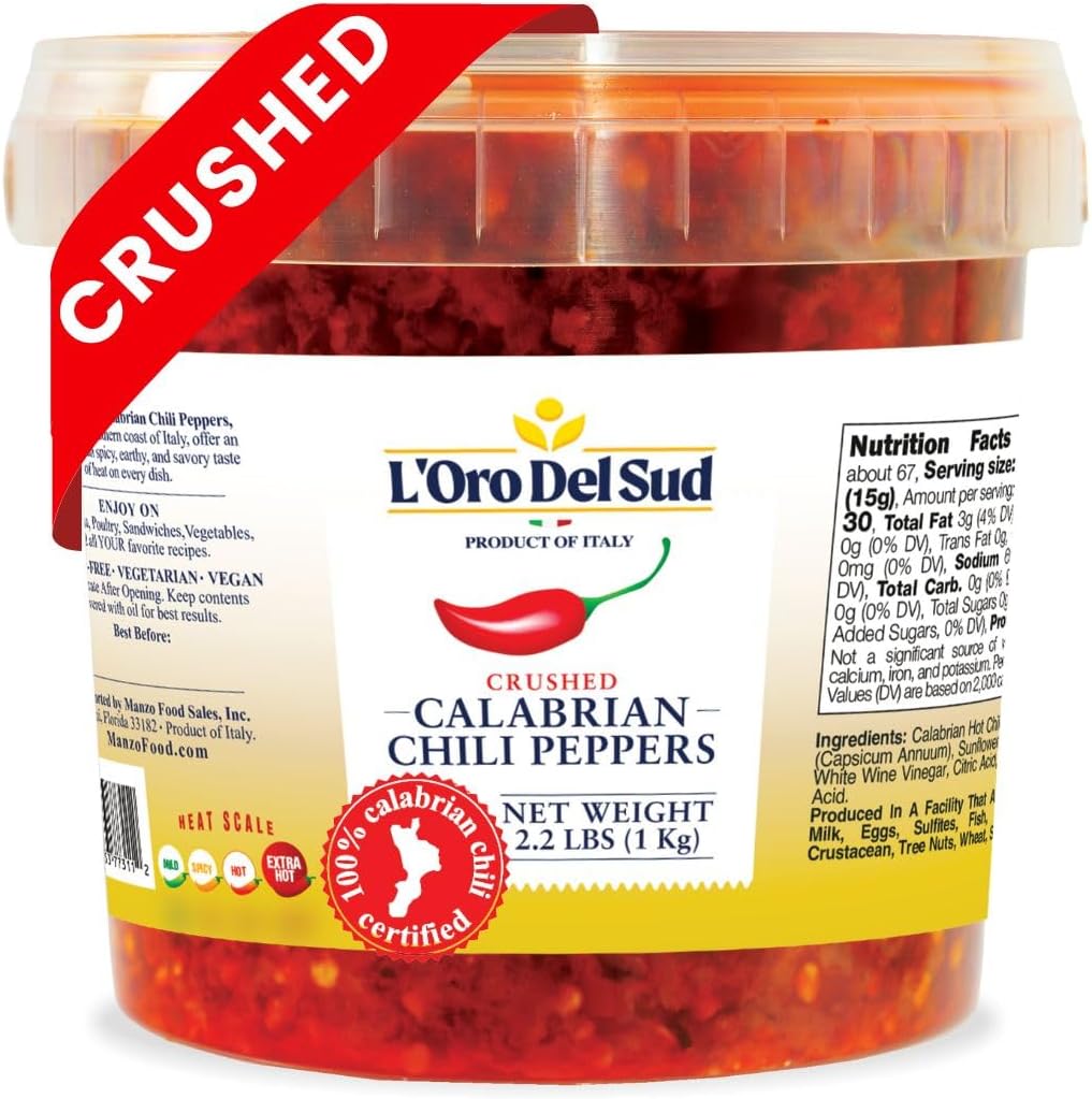 Crushed Calabrian Chili Peppers Paste, 2.2 lb (1 kg) Spread, Chopped, Grown and Packed in Calabria Italy, Authentic Italian, Spicy and Savory Taste, L'Oro Del Sud