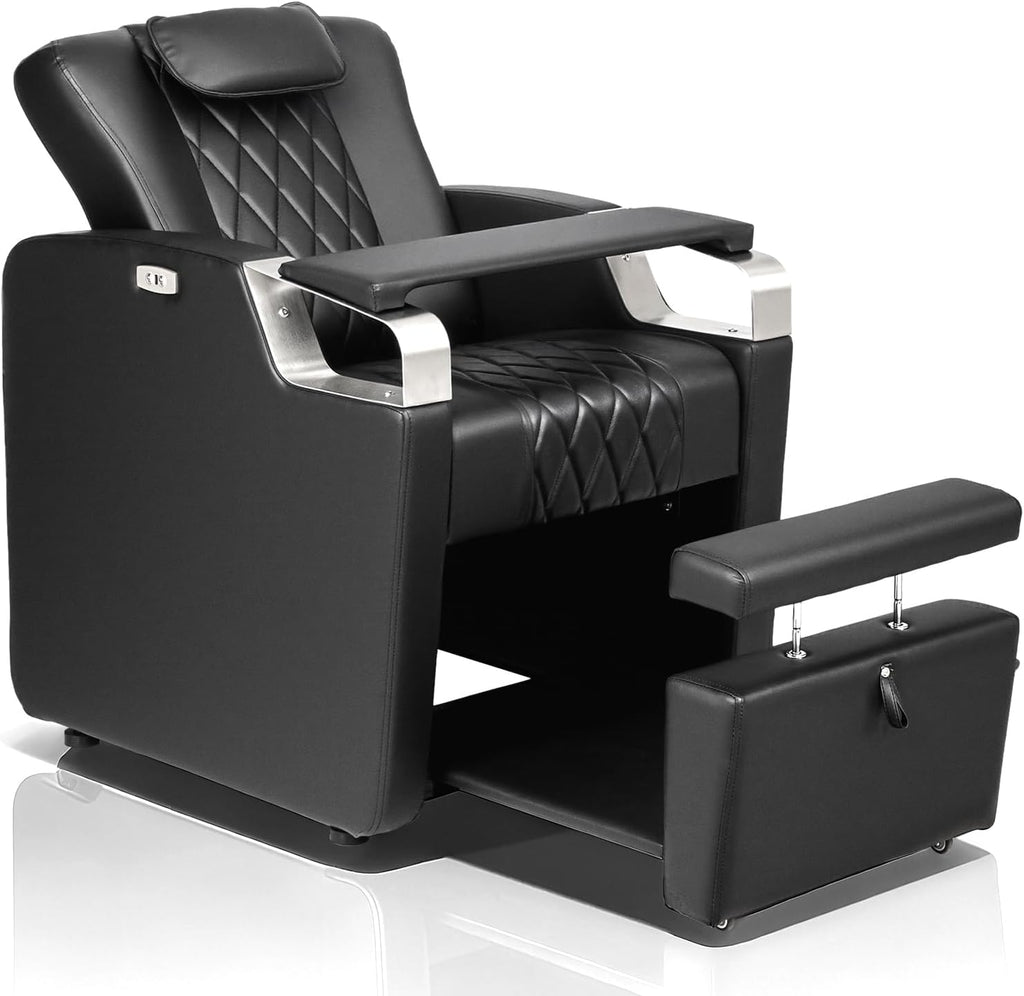 OmySalon Electric Pedicure Chair Pedi Station w/Adjustable Backrest, Movable Hand Pillow & Hidden Storage Platform, No-Plumbing Full-Floor Support for Professional Nail Tech Supplies Spa Salon (Black)
