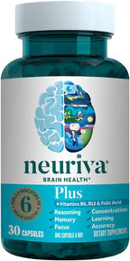NEURIVA Plus Brain Supplement for Memory and Focus Clinically Tested Nootropics for Concentration for Mental Clarity, Cognitive Enhancement Vitamins B6, B12, Phosphatidylserine 30 Capsules