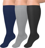 Hotfiary 3 Pairs Plus Size Compression Socks for Women Men Extra Wide Calf Knee-High Best Support Circulatio Nurses Running