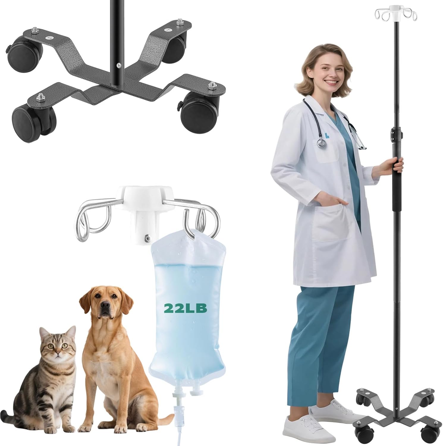 IV Pole with Wheels,47 to 100In Portable IV Floor Stand with 4 Hooks IV Bag Holder Stand Telescopic Feeding Pump Stand Stainless Steels Pipe Extension Pole IV Influsion Pole (47-100in)