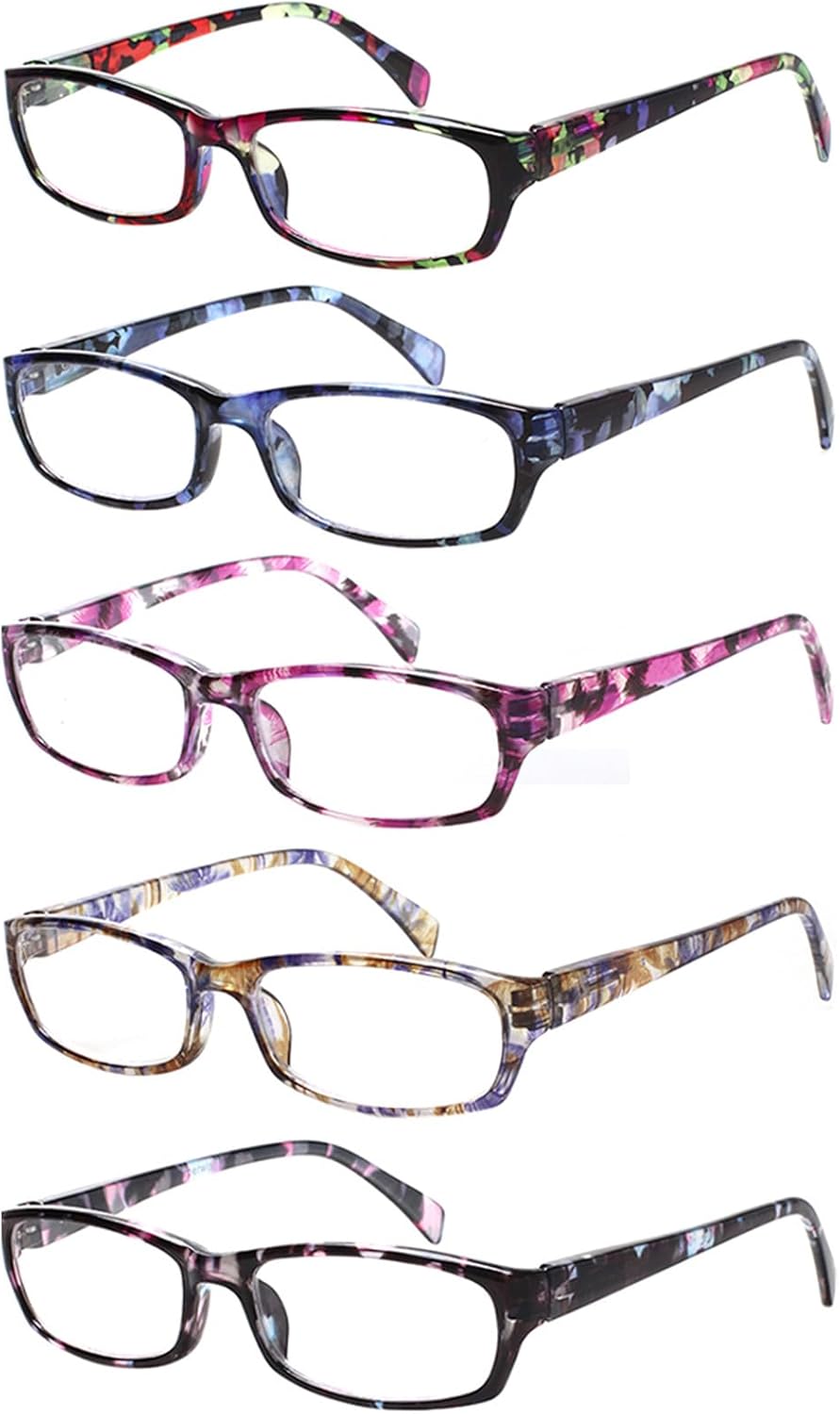 Kerecsen Reading Glasses 5 Pairs Fashion Ladies Readers Spring Hinge with Pattern Print Eyeglasses for Women (Mix Color -2, 1.75)