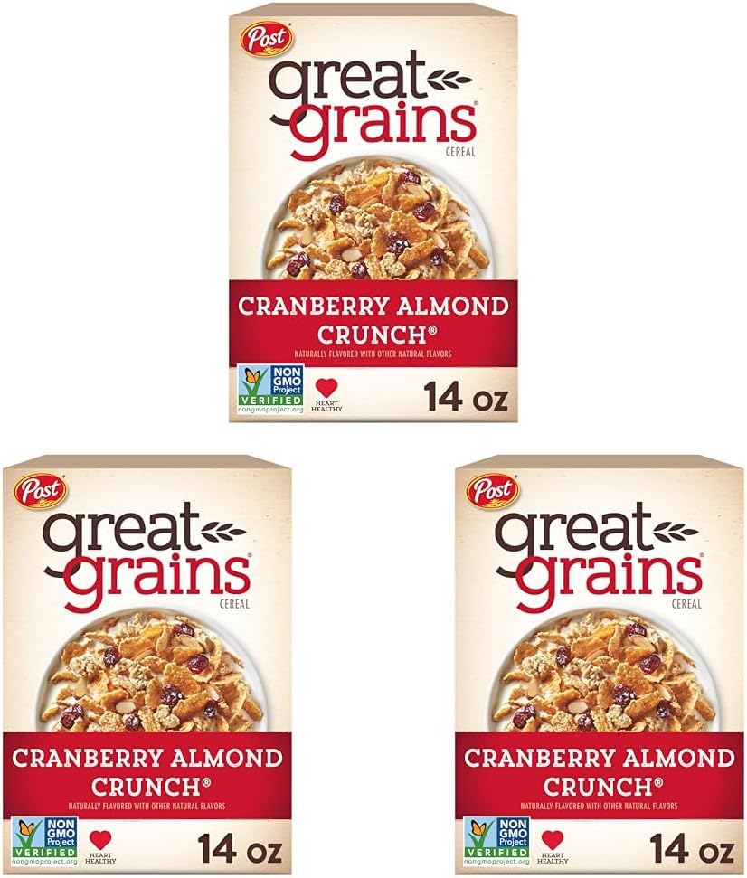 Great Grains Cranberry Almond Crunch Breakfast Cereal for Adults, Dried Cranberries and Almonds, Made with Whole Grain, Non-GMO, Heart Healthy, 14 OZ Box (Pack of 3)