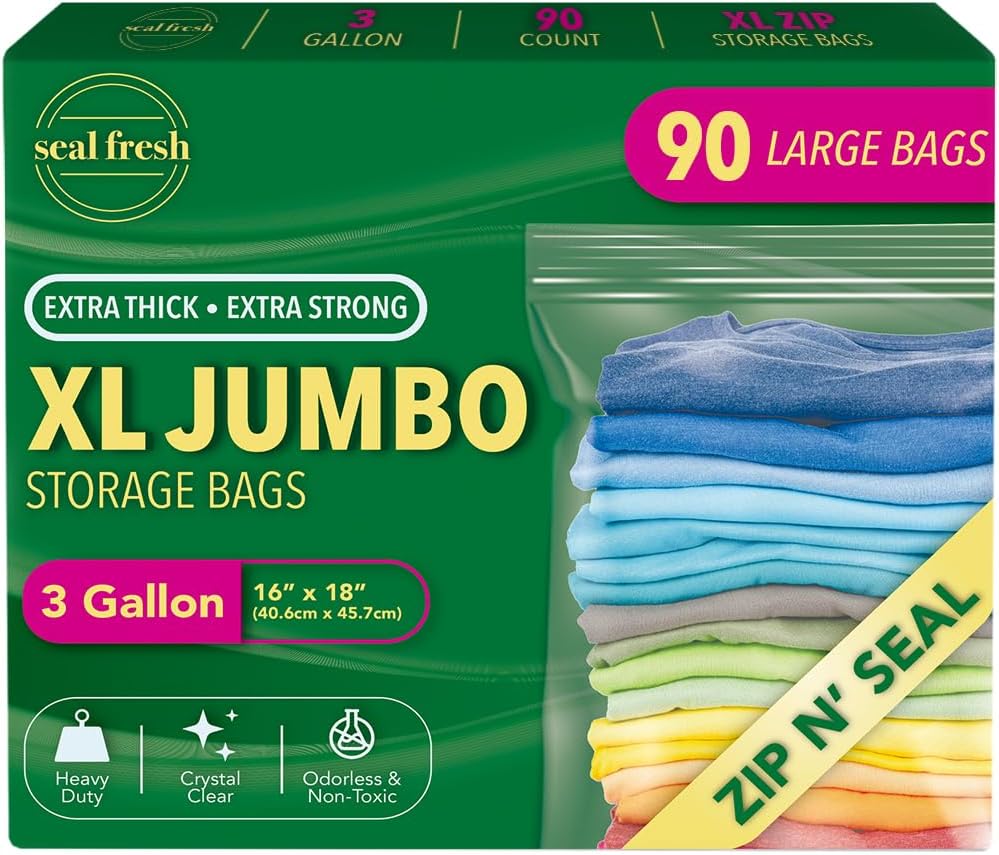 Seal Fresh 3 Gallon Large Plastic Storage Bags – 16" x 18" (90 Count) – Reusuable XXL Extra Large Heavy Duty Clear Jumbo Freezer Zip Lock Bags with Sealable Zipper Top For Clothes, Travel, Moving