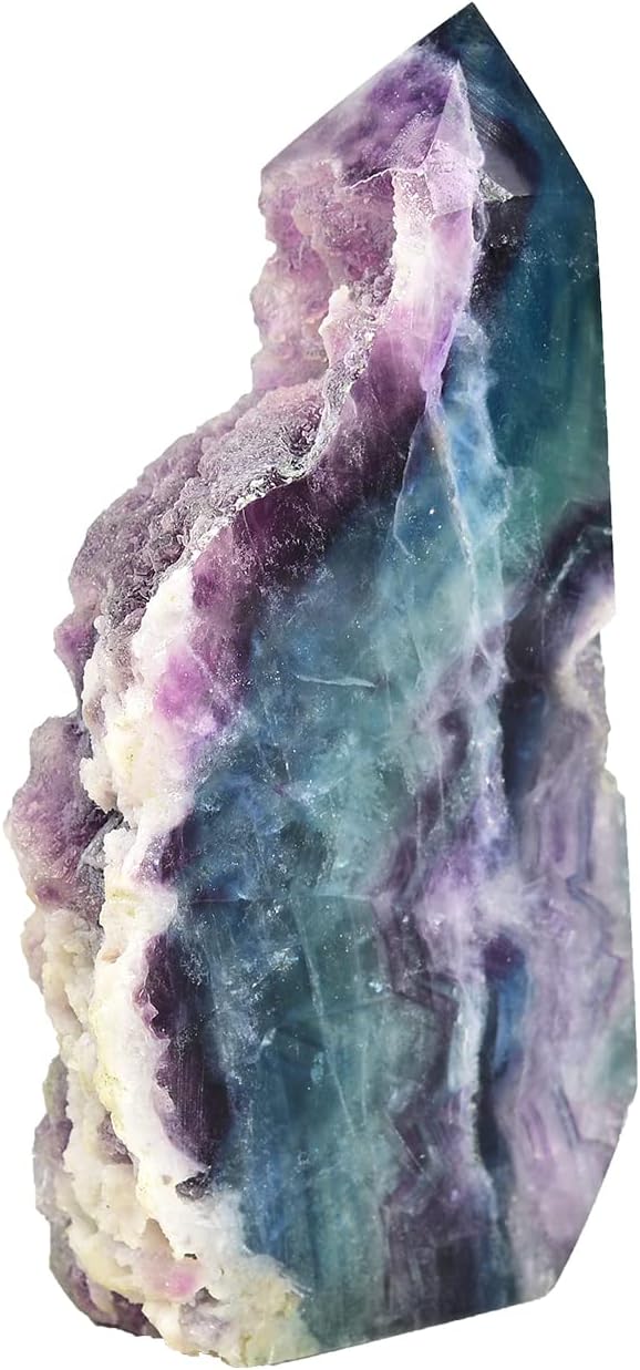 AMOYSTONE Natural Fluorite Crystal Stone Wand Obelisk Large Tower Slab Pointed Wand Block Green-Purple, Irregular Texture 1.7-2 LBS, Home Décor