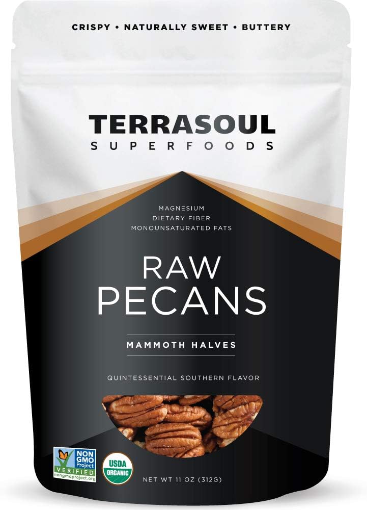Terrasoul Superfoods Organic Pecans, 11 Oz (Pack of 2) - Mammoth Halves | Fresh | Raw