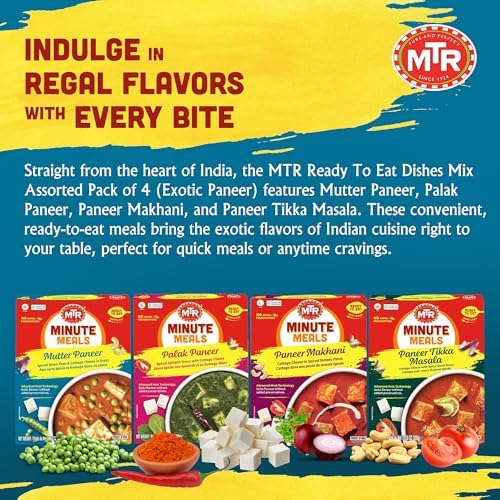 MTR Ready-To-Eat: Exotic Paneer Mix - Assorted Pack of 4 (Mutter Paneer, Palak Paneer, Paneer Makhani, Paneer Tikka Masala) - Authentic Indian Food with No Added Preservatives - Suitable for Vegetarians