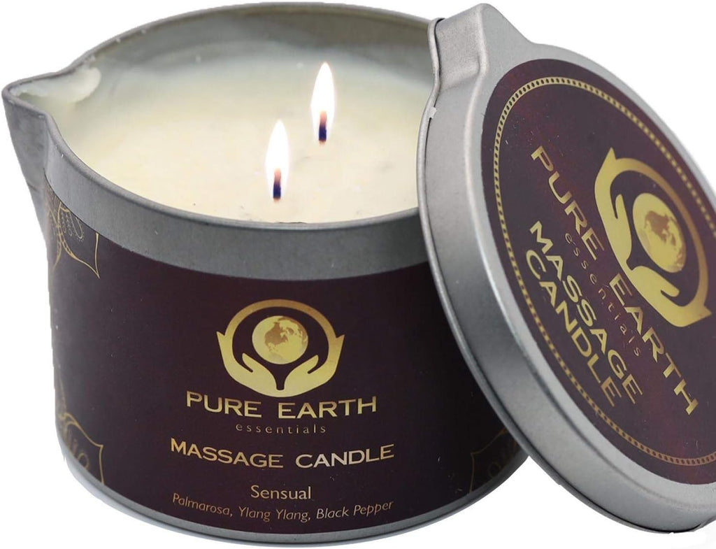 Sensual Massage Candle - Melts to Silky Oil - Skin Moisturizing Candle Massage Oils for Date Night (160 Grams or 6 oz.) - with Palmarosa, Ylang Ylang, Black Pepper by PURE EARTH essentials