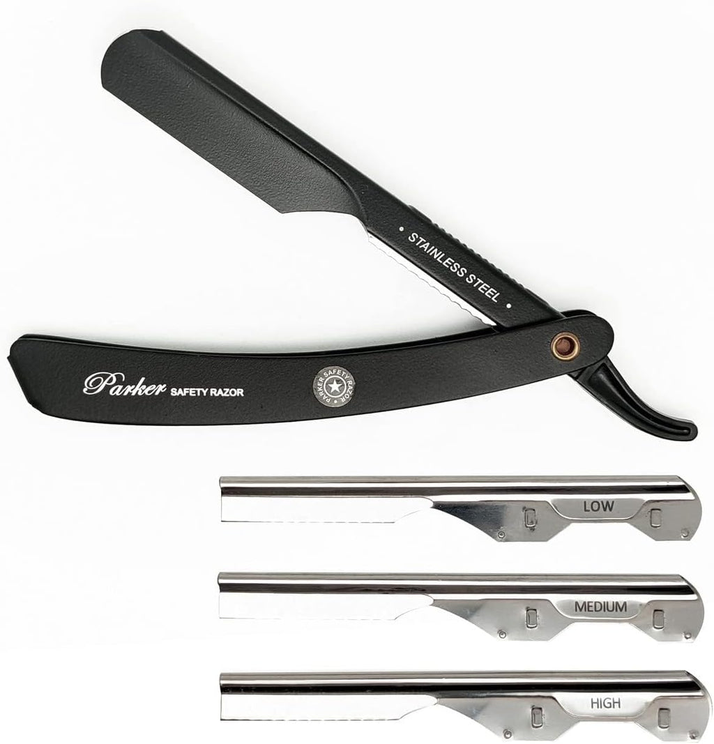 Parker PTABK Adjustable Stainless-Steel Barber Razor | 3 Blade Exposures (Low/Medium/High) | Straight Shavette with 5 Premium Platinum Refills | Black Stainless Steel Handle