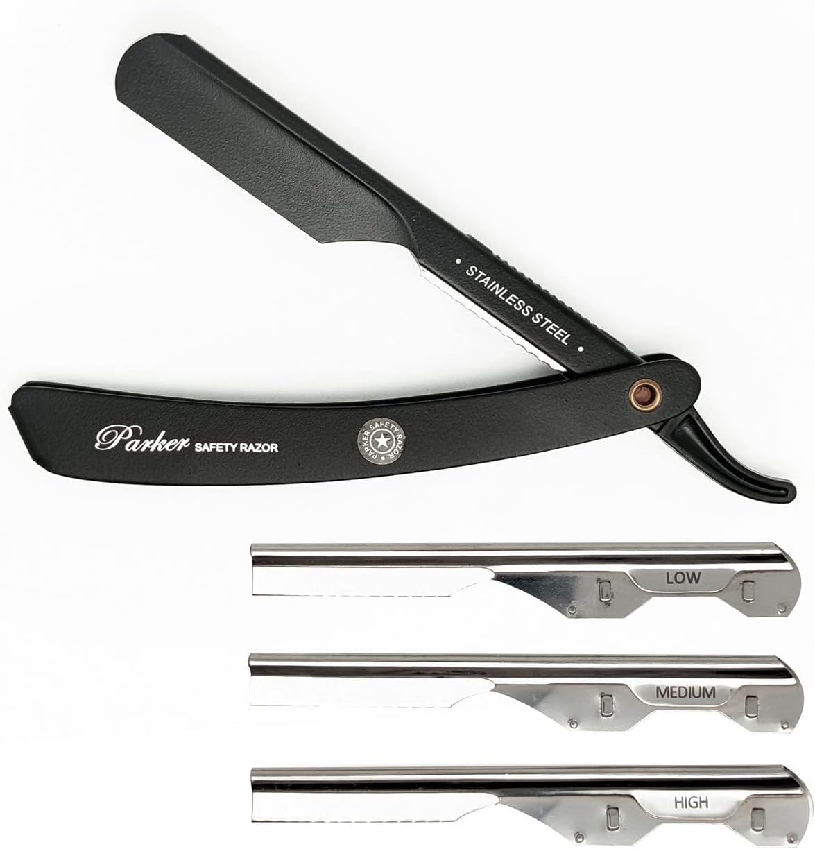 Parker PTABK Adjustable Stainless-Steel Barber Razor | 3 Blade Exposures (Low/Medium/High) | Straight Shavette with 5 Premium Platinum Refills | Black Stainless Steel Handle