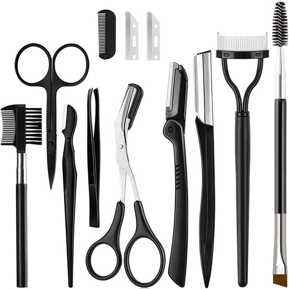 KINGMAS 9PCS Eyebrow Trimmer Kit, Face Razors, Facial Trimmer Shaver, Eyelash Comb, Angled Brush, Grooming Scissors, Brow Tweezers for Women
