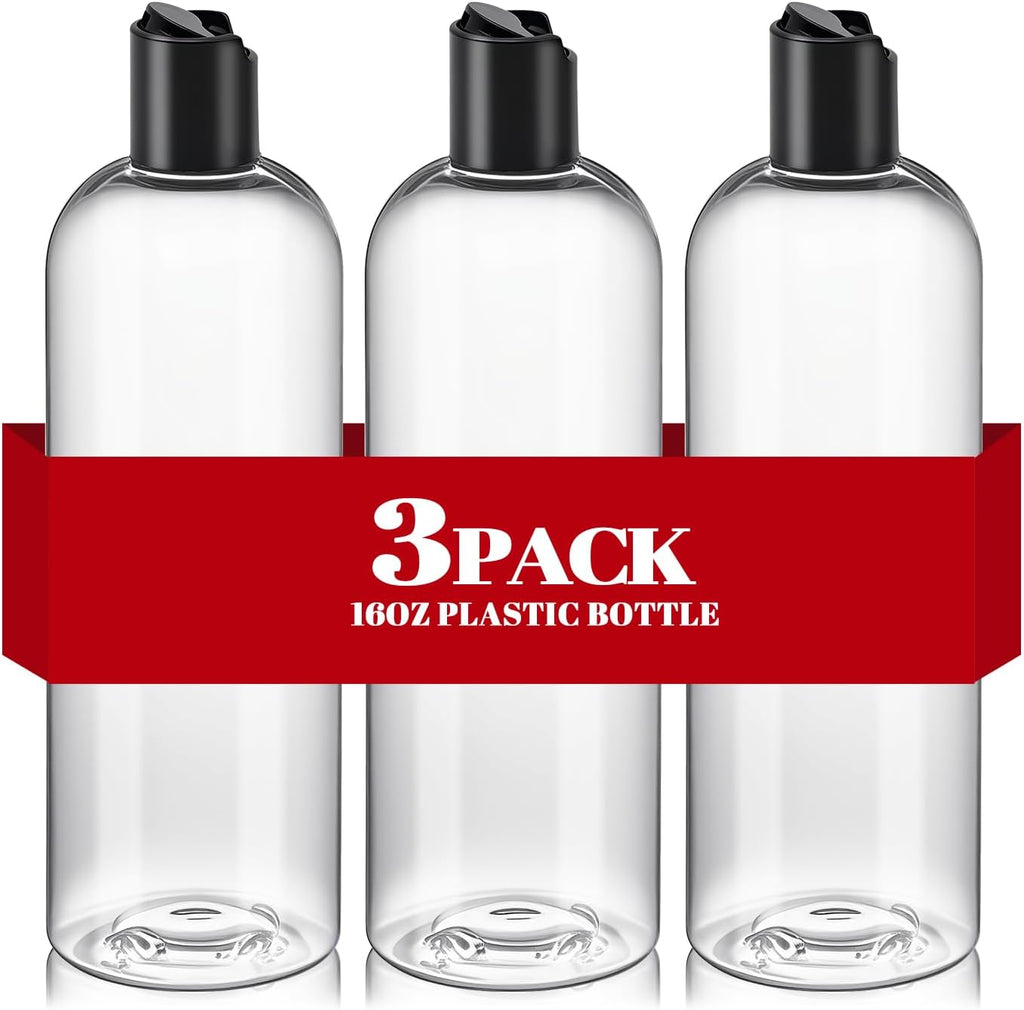 3Pcs 16 oz Clear Plastic Refillable Travel Shampoo and Conditioner Bottles with Black Disc Top Caps，Squeeze Empty Bottles Cosmetic Containers for Lotions, Body Soap Cream