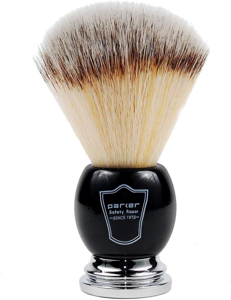 Parker Deluxe Synthetic Silvertip Shaving Brush – 22 mm Ultra‑Soft Knot, Chrome & Black Handle + Acrylic Stand for Proper Drying