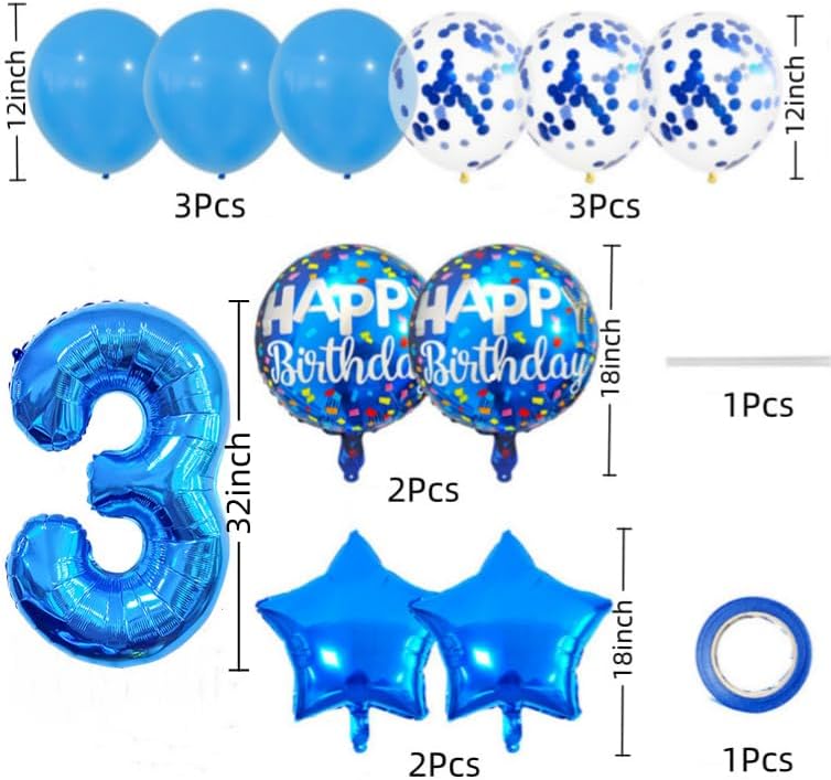 3rd Birthday Large Foil Balloons Blue， Balloon Decorations for 3rd Birthday Party Boys，Boys 2nd Birthday Party Decorations Supplies (Blue 3)