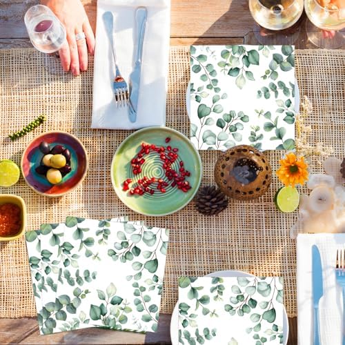 50 Count Eucalyptus Leaf Paper Napkins, Disposable Greenery Green Leaves Cocktail Napkins for Birthday, Baby Shower, Bridal, Wedding, Garden Tea Party, and Picnic Table Decorations