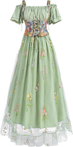NSPSTT Renaissance Dress Women Victorian Fairy Costume Flowy Floral Dresses Medieval Corset Outfit 2 Pieces