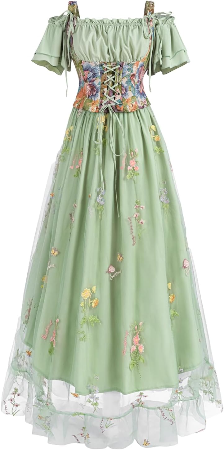 NSPSTT Renaissance Dress Women Victorian Fairy Costume Flowy Floral Dresses Medieval Corset Outfit 2 Pieces