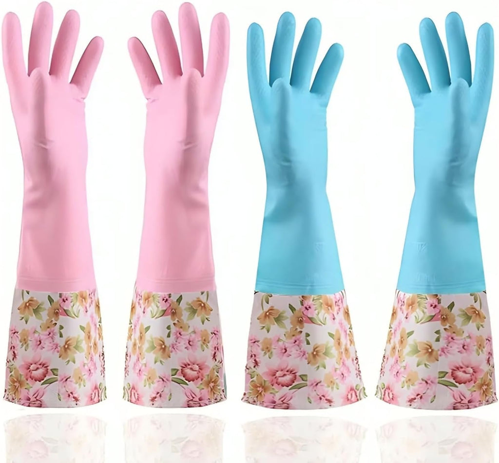 KINGFINGER Rubber Latex-Free Waterproof Dishwashing Gloves,2 Pair Medium Long Cuff Flock Lining Household Cleaning Gloves