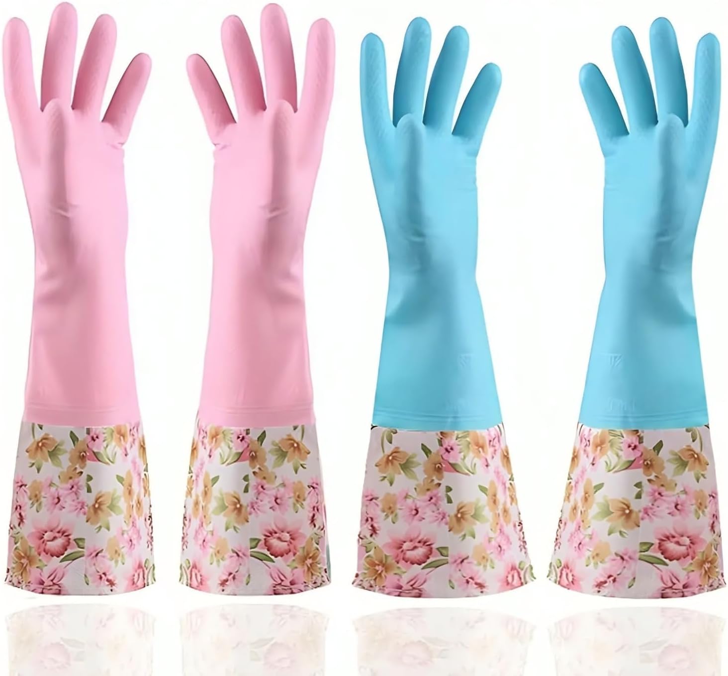 KINGFINGER Rubber Latex-Free Waterproof Dishwashing Gloves,2 Pair Medium Long Cuff Flock Lining Household Cleaning Gloves