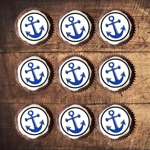 Anchor Edible Cupcake Toppers, Sailor Navy Edible Cake Decorations, Nautical Anchor Decor Cookie and Cake Topper Decorations, 24 x 4cm / 1.5 Inch PRECUT Wafer Card Discs