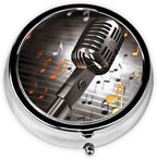 Microphone with Music Notes Print Round Pill Box 3 Compartment Medicine Pill Case Portable Pill Container for Daily Medicine Supplement Vitamin