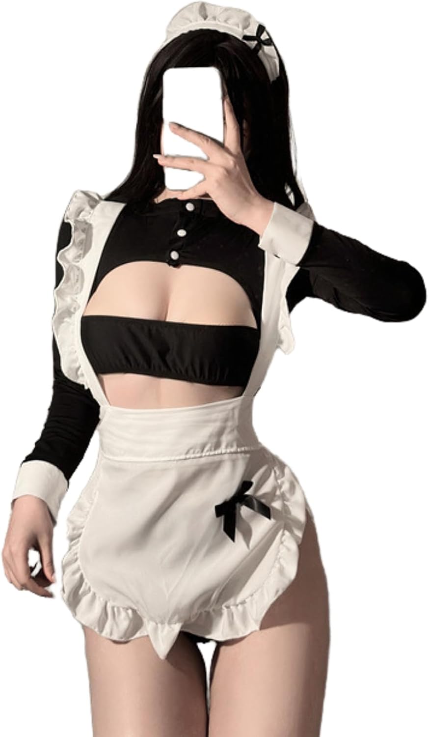 Women’s Sexy Maid Outfit, Long Sleeve Button Collar Bodysuit with Cross Strap Apron Lingerie for Cosplay, Anniversary