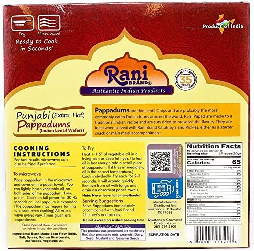 Rani Pappadums (Indian Lentil Wafer Snack) Punjabi Papad - Extra Hot, 7oz (200g) Approximately 15pc, 7 inches ~ All Natural | Gluten Friendly | NON-GMO | Vegan | Indian Origin