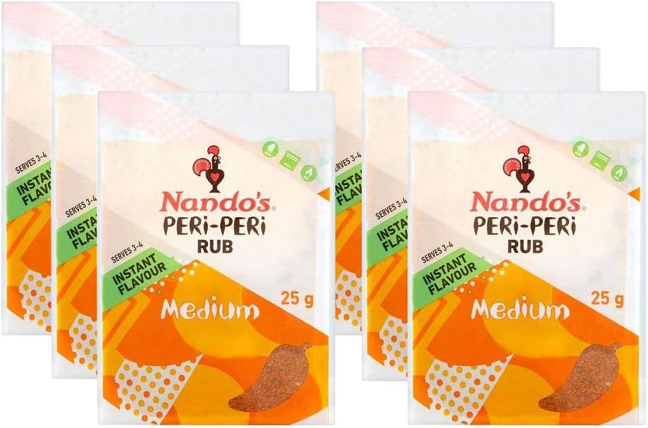 Nando's PERi-PERi Medium Dry Rub - BBQ Seasoning Instant Flavor with a Blend of Garlic, Herbs and Spices with PERi-Peri 25g (6PK)