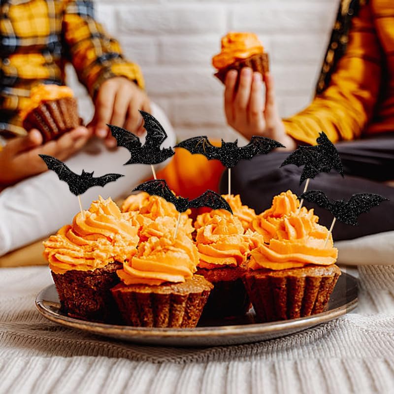 24Pcs Halloween Cupcake Toppers Black Glitter Bat Halloween Cupcake Picks for Halloween Theme Baby Shower Kids Birthday Party Cake Decorations Supplies - A