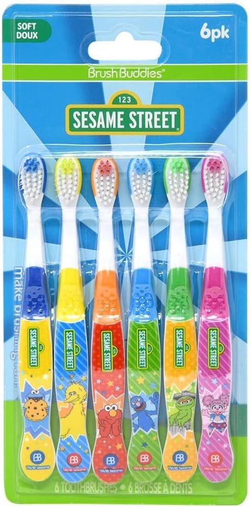Brush Buddies Sesame Street Toothbrushes for Kids, Soft Bristle Toddler Toothbrushes Ages 2-4, Fun Sesame Street Designs, 6-Count Set