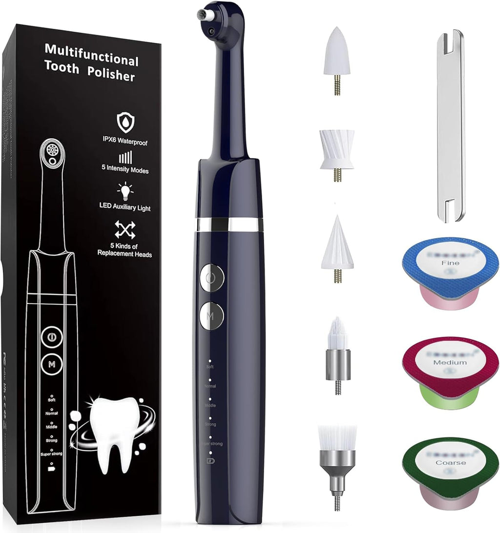 Tooth Polisher,Teeth Polishing Kit for Daily Cleaning,Polishing Then Whitening of Tooth (Professional Toothpaste Include),USB Rechargeable Dental Polisher with LED Light,6 Heads,5 Speed Modes