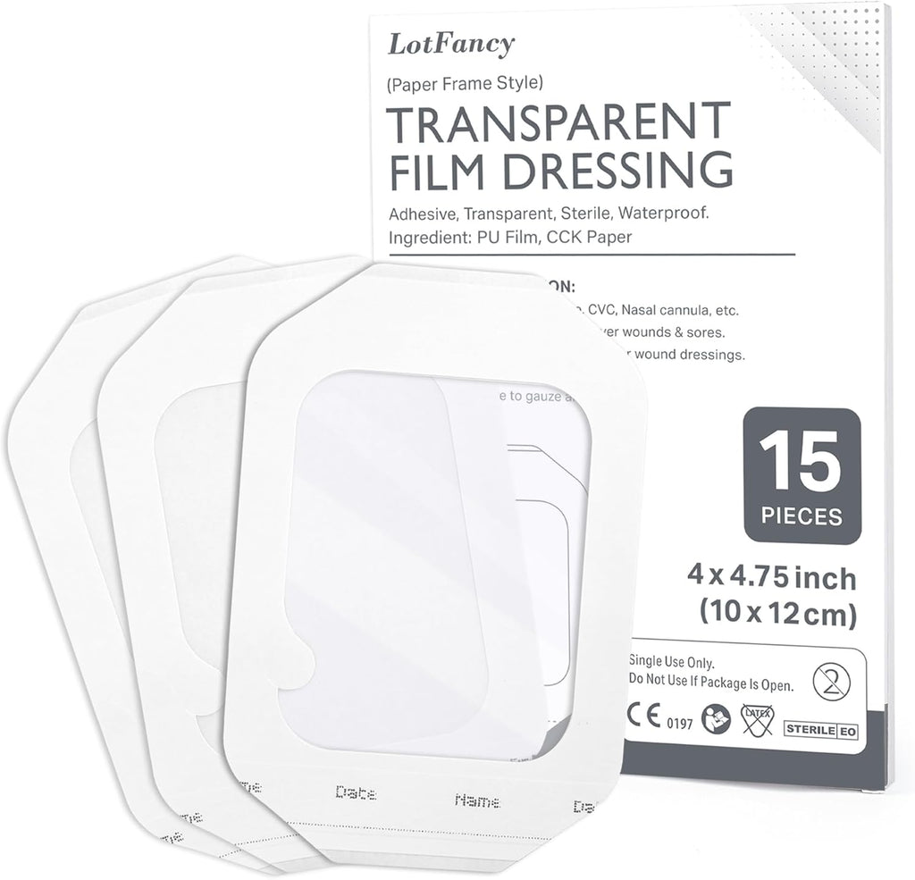LotFancy Transparent Film Dressing, 4” x 4 3/4”, 15PCS Adhesive Patches, Clear Waterproof Bandage, Wound Cover for Post Surgical Shower, IV Shield, Tattoo Aftercare Bandage, Medical Supplies