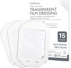 LotFancy Transparent Film Dressing, 4” x 4 3/4”, 15PCS Adhesive Patches, Clear Waterproof Bandage, Wound Cover for Post Surgical Shower, IV Shield, Tattoo Aftercare Bandage, Medical Supplies