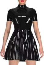 Woman PVC Leather Mini Dress Short Sleeve Faux Latex Leather Club Pleated Dresses