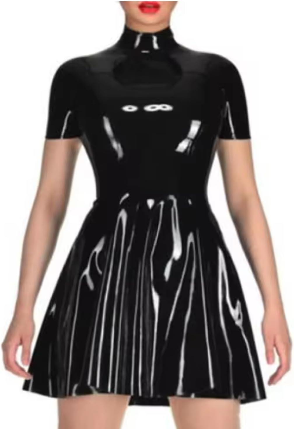 Woman PVC Leather Mini Dress Short Sleeve Faux Latex Leather Club Pleated Dresses