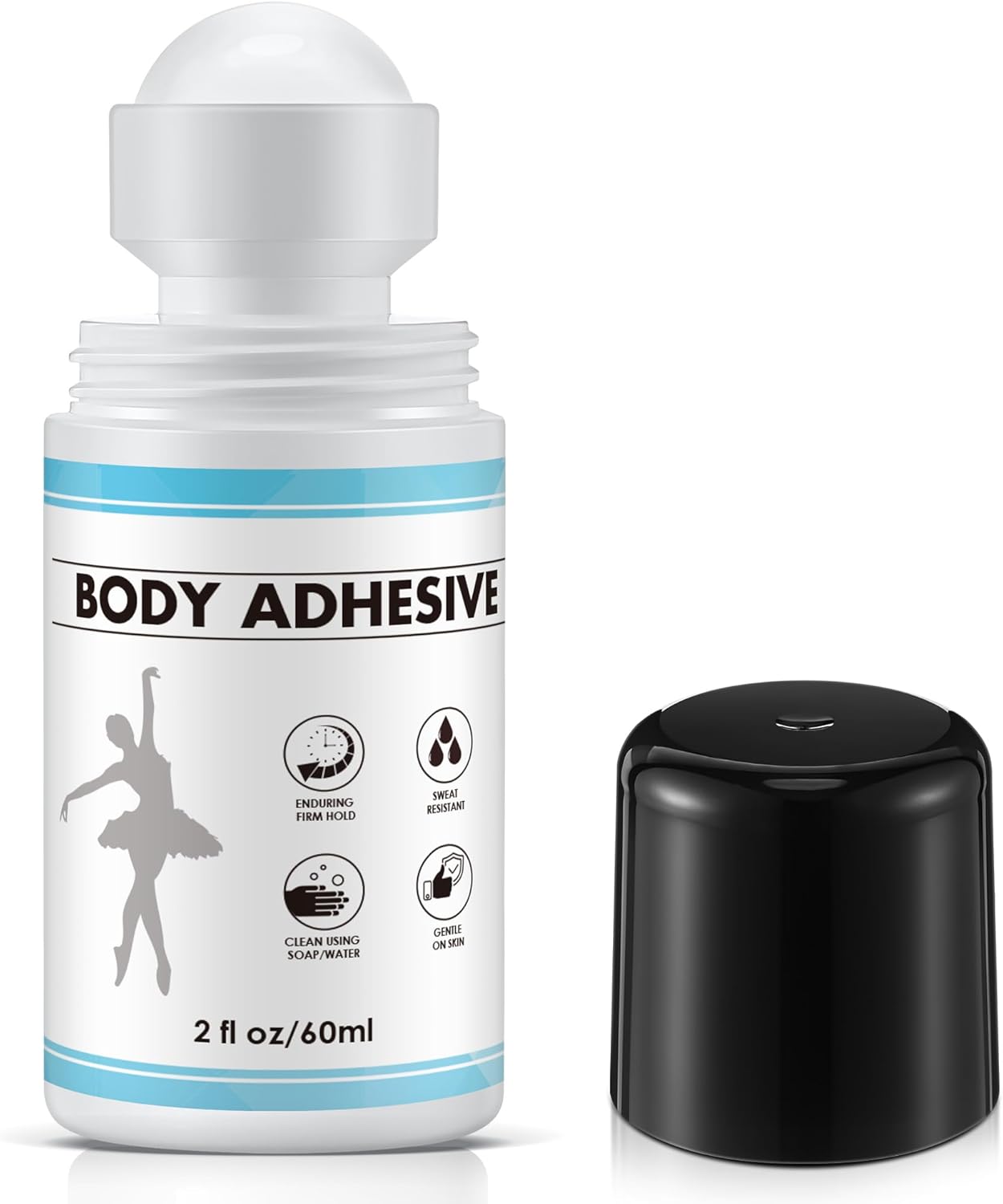 1 Pcs Roll On Body Adhesive for Dancers, Sweat Resistant Water Wash Off Body Glue for Skin & Clothing, Fashion Butt Glue Applicator for Compression Stocking, Bras, Residue Free, 2oz