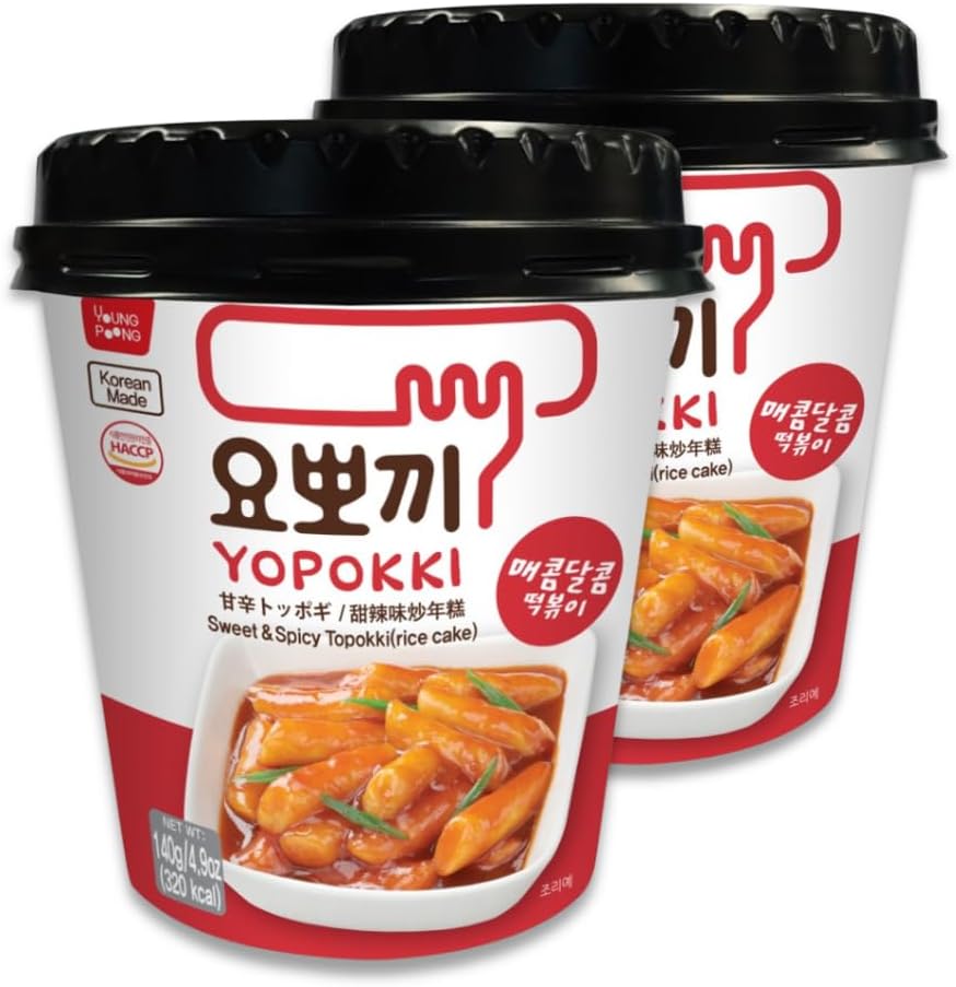 Yopokki Instant Tteokbokki Rice Cakes Korean, Sweet & Spicy Topokki Cup - Great with Cheese and Ramen Toppings, Korean Snacks for College Dorm, Korean Street Food Quick & Easy to Prepare, Pack of 2