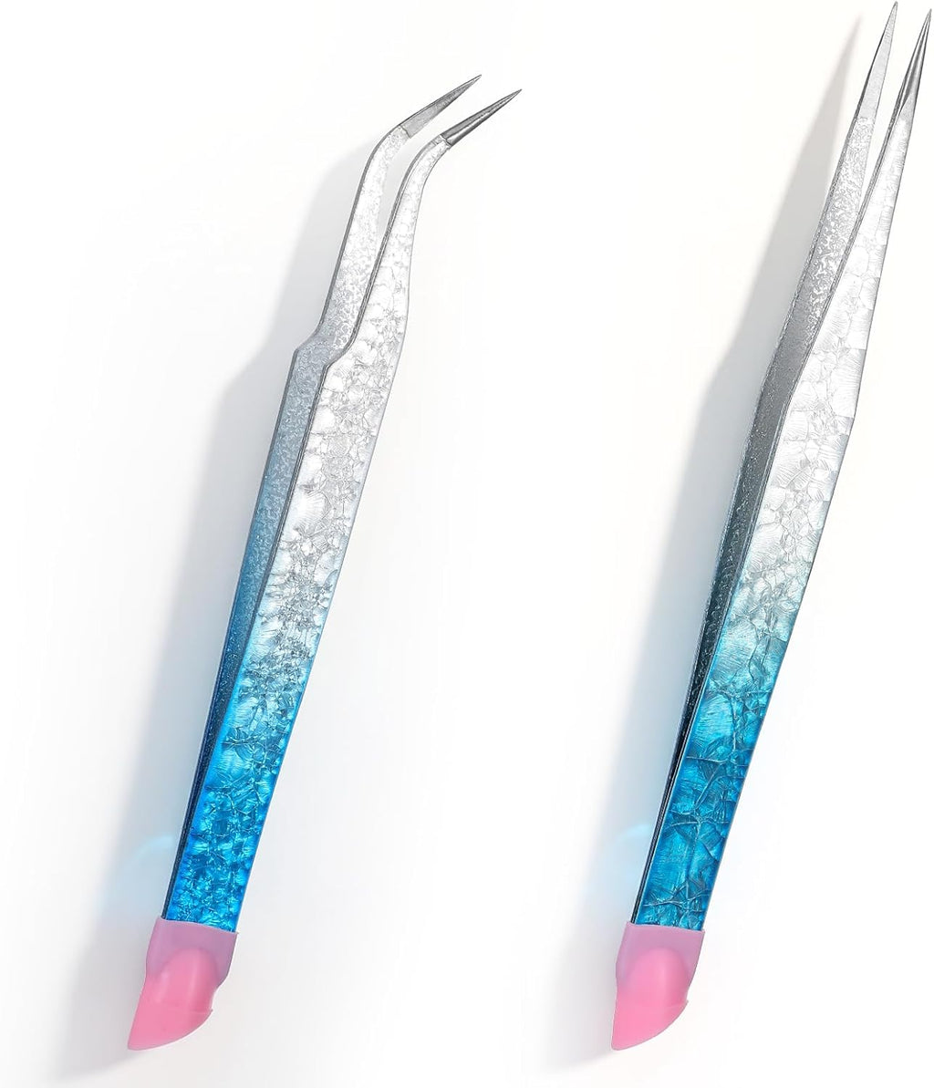 2PCS Crystal Blue Nail Tweezer: Double Ended Sticker Tweezers with Silicone for Craft, Precision Rhinestone Picker Tool for Jewelry Eyelash Nail Art,Curved Tip Tweezers Kit