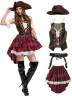 Sexy 5Pcs Women's Pirate Costume Renaissance Outfit Corset Top Skirt Hat with Accessories for Halloween Cosplay Party