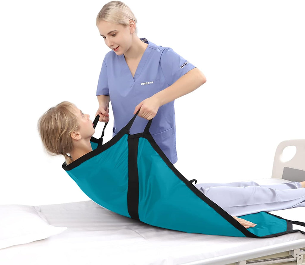 Multipurpose 39" x 36" Positioning Bed Pad with Reinforced Handles - Reusable & Washable Patient Sheet for Turning, Lifting & Repositioning - Double-Sided Nylon Fabric, Peacock Blue