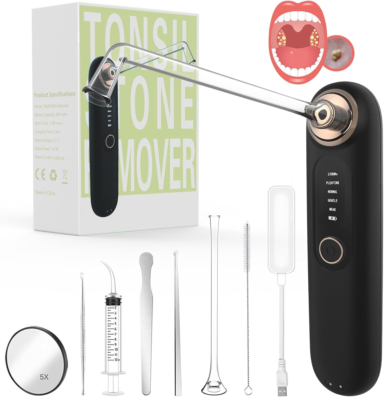Voraiya Tonsil Stone Removal Vacuum Kit with 5 Mode Suction, 10 in 1 Electronic, Oral Irrigator, Tongue Scraper, Oral lamp & 5X Magnifying Mirror Included for Fresh Breath
