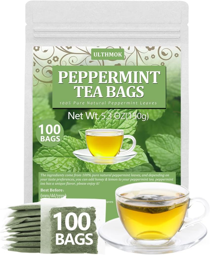 Premium Peppermint Tea Bags, 100 Tea Bags, Made with 100% Natural Peppermint Leaves, No Additives & Caffeine Free.